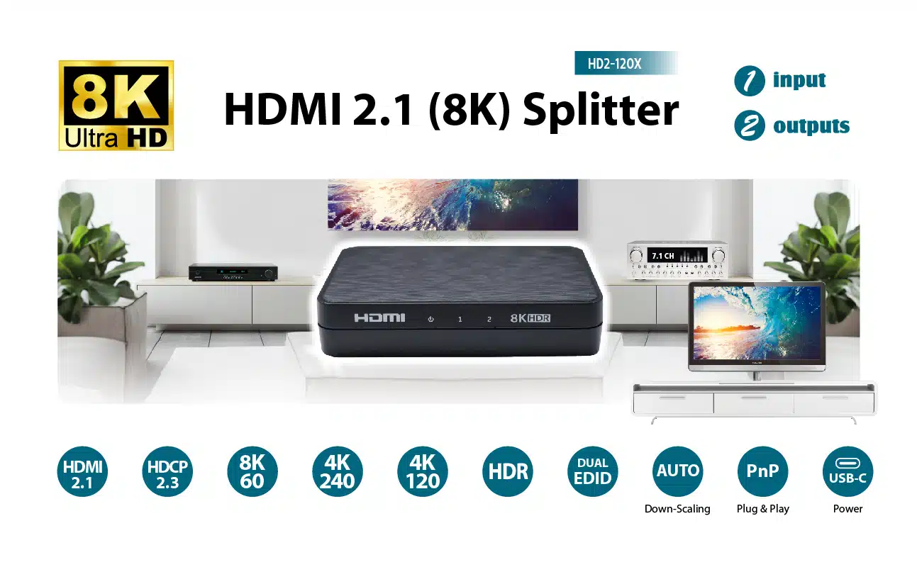 HDMI 2.1 8K Splitter 1in 2out 8K@60Hz 4K@120Hz ，auto downscaling，48Gbps