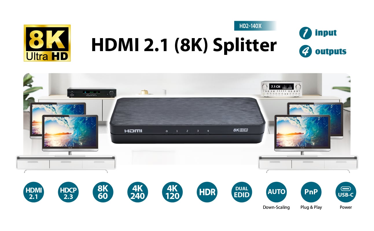 HD2-140X | 8K Splitter | 1 in 4 out | 8K@60Hz/4K@120Hz | Auto Downscaling | 48Gbps